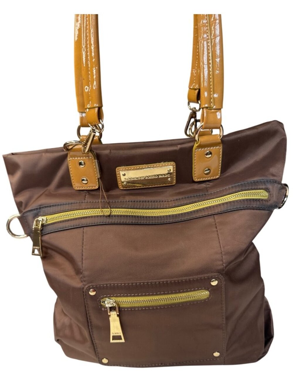 Bosisio Parini Brown Nylon Tote Bag With Yellow Zippers & Patent Leather Straps